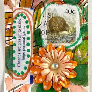 ACEO Original Watercolor Painting New Zealand Kiwi Postage Stamp Collage Art ATC